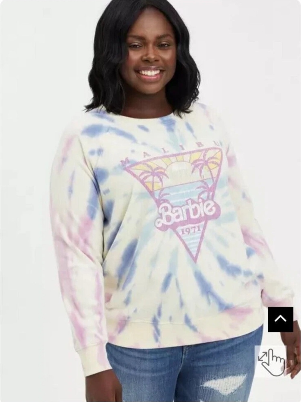 torrid Pastel Tie-Dye Barbie Crewneck Sweatshirt in Pink, Blue & Cream